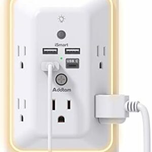 Surge Protector, Multi Plug Outlet Extender with Night Light for Home, Office, School, Addtam 5-Outlet Splitter and 4 USB Ports(1 USB C), Wall Charger Power Strip, ETL Listed