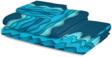 Geometry Blue Towel Sets for Bathroom,Microfiber Bath Kitchen Beach Hair Hand Yoga Dish Towels and Washcloths,Quick Dry Decorative Towels+Set Accessories Decor Modern Minimalist Abstract Water Stripes - Image 2