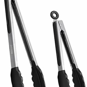 EEKEDO Kitchen Tongs, Stainless Steel Silicone Tongs for Cooking 600ºF High Heat-Resistant BBQ Grilling Locking Tongs, Set of 2-9" and 12"
