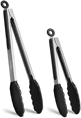 EEKEDO Kitchen Tongs, Stainless Steel Silicone Tongs for Cooking 600ºF High Heat-Resistant BBQ Grilling Locking Tongs, Set of 2-9" and 12"