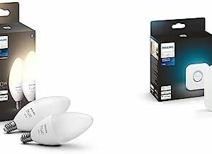 Philips Hue White LED Smart Candle, 2 Bulbs & Bridge, Unlocks Full Suite of Features for Hue Smart Lights and Accessories