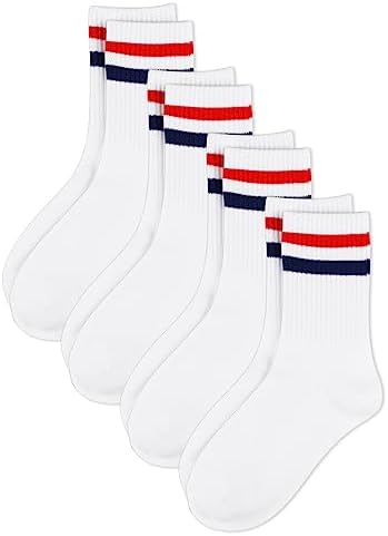 COTTON DAY Unisex Little Kids Youth Boys Girls Soft Cotton White Athletic Socks with Stripes
