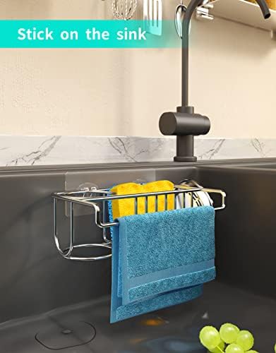 HapiRm 4 in 1 Adhesive Sink Caddy Sponge Holder, SUS304 Stainless Steel Sink Basket Brush Holder + Dish Cloth Hanger + Soap Rack + Sink Stopper Holder with 2 Installation Ways - Silver - Image 5