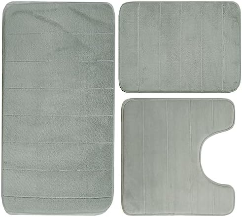 Light Grey Memory Foam Bathroom Rug Set 3 Piece Non Slip Extra Absorbent Shaggy Bathroom Mats and Rugs Sets, Soft & Dry Bath Mat Sets for Bathroom Washable Carpets Set
