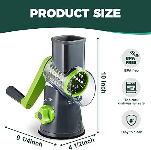 Cheese Grater with Handle, Kitchen Manual Cheese Shredder with 3 Interchangeable Blades, Rotary Cheese Grater Handheld with Strong Suction Base, Vegetable Slicer Nuts Grinder with Clean Brush - Image 8