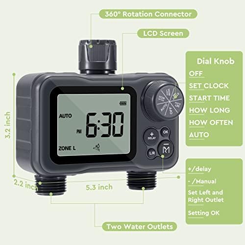 Moistenland Hose Timer, Irrigation Timer, Lawn & Garden Watering Equipment, with Rain Delay/Manual/Automatic Watering System, IP54 Waterproof, 3.1 Inches Large Screen(2 Outlets) - Image 2