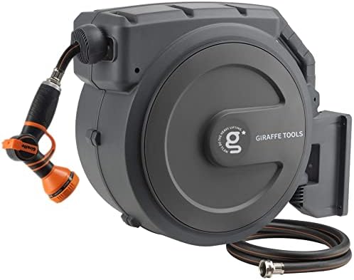 Giraffe Tools Retractable Garden Hose Reel 1/2 Inch x 130 ft, Super Heavy Duty, Any Length Lock, Slow Return System, Wall Mounted and 180 Deg Swivel Bracket