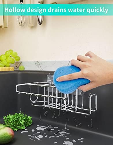 HapiRm 4 in 1 Adhesive Sink Caddy Sponge Holder, SUS304 Stainless Steel Sink Basket Brush Holder + Dish Cloth Hanger + Soap Rack + Sink Stopper Holder with 2 Installation Ways - Silver - Image 3