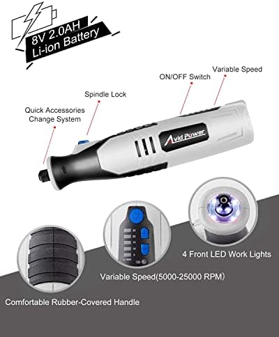 AVID POWER Cordless Rotary Tool 2.0 Ah 8V Rechargeable Rotary Tool with 4 Front LED Lights, 5 Speeds and 60 Pieces Rotary Tool Accessories for Carving, Engraving, Sanding, Polishing and Cutting - Grey - Image 2