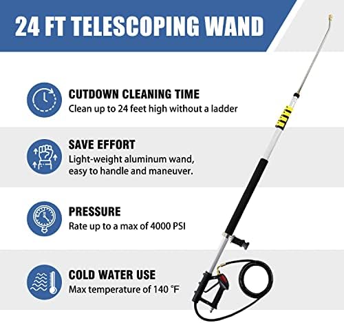 janz 24 FT Telescoping Pressure Washer Wand with 2 Pressure Washer Extension Wands,Gutter Cleaner Attachment, 7 Spray Nozzle Tips, 2 Hose Inlet Adapters, Pivoting Coupler and Support Harness - Image 2