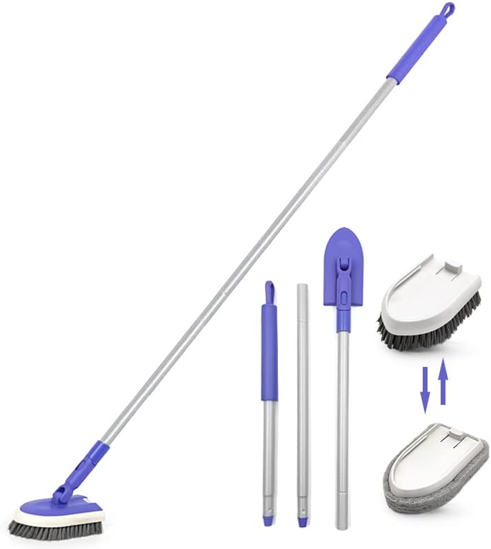 Shower Scrubber Cleaning Brush with 46.8 Inches Long Handle, ZUBULUN 2 in 1 Tub and Tile Scrubber with 2 Non-Scratch Scrub Brush Replacement for Bathroom, Wall, Kitchen, Bathtub, Floor