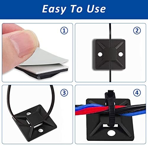 Strong Back-Glue Self Adhesive Cable Zip Tie Mounts Kit - 100 Set Cable Management Clips with 6" Zip Ties, Wire Holders and Screws - Outdoor Sticky Wire Organizer Clips-Black - Image 5