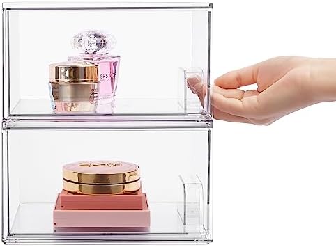 2 Pack Stackable Makeup Organizer Storage Drawers, Vtopmart 4.4'' Tall Acrylic Bathroom Organizers,Clear Plastic Storage Bins For Vanity, Undersink, Kitchen Cabinets, Pantry Organization and Storage - Image 3