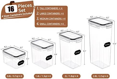 PRAKI Airtight Food Storage Container Set, 16 Pcs BPA Free Plastic Dry Food Canisters for Kitchen Pantry Organization and Storage Ideal for Cereal, Flour & Sugar - Labels, Marker(Black) - Image 2