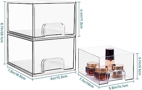 2 Pack Stackable Makeup Organizer Storage Drawers, Vtopmart 4.4'' Tall Acrylic Bathroom Organizers,Clear Plastic Storage Bins For Vanity, Undersink, Kitchen Cabinets, Pantry Organization and Storage - Image 2
