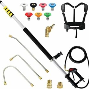 janz 24 FT Telescoping Pressure Washer Wand with 2 Pressure Washer Extension Wands,Gutter Cleaner Attachment, 7 Spray Nozzle Tips, 2 Hose Inlet Adapters, Pivoting Coupler and Support Harness