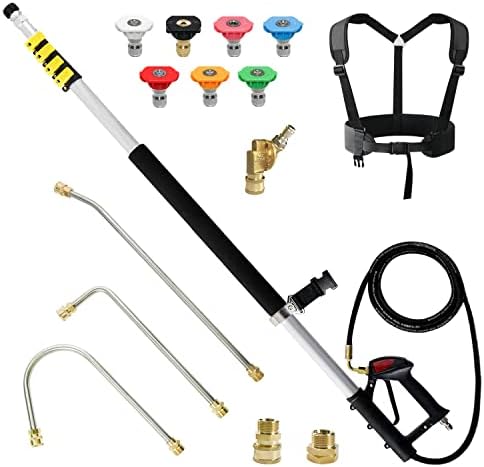 janz 24 FT Telescoping Pressure Washer Wand with 2 Pressure Washer Extension Wands,Gutter Cleaner Attachment, 7 Spray Nozzle Tips, 2 Hose Inlet Adapters, Pivoting Coupler and Support Harness