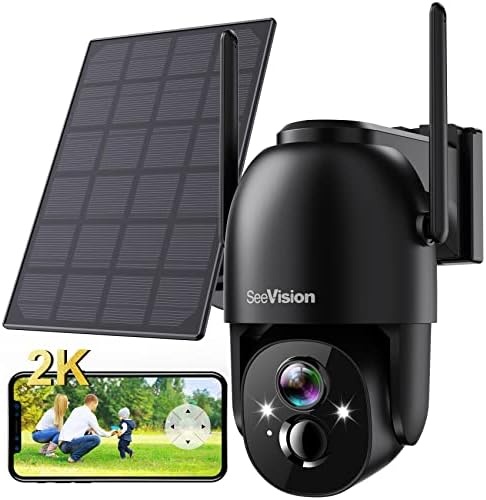Solar Security Cameras Wireless Outdoor, SeeVision 2K Battery Powered PTZ WiFi 3MP Security Camera for Home with Spotlight, PIR Motion Detection,Siren, Color Night Vision, 2-Way Talk, SD/Cloud Storage