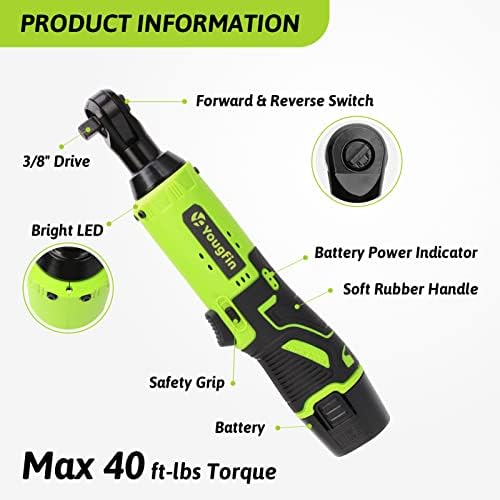 Yougfin Cordless Electric Ratchet Wrench Set, 40 Ft-lbs 12V Power Ratchet Kit with 60-Min Fast Charger, Variable Speed, 2 Packs 2000mAh Lithium-Ion Battery (3/8") - Image 6