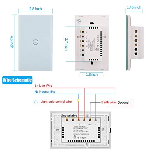 Jinvoo WiFi Wall Light Touch Panel Switch, 2.4GHz WiFi Light Switch Smartphone Remote Control, Remote Control Smart Life/Graffiti App, Timer, Alexa Compatible and Google Home White 1 Gang - Image 2