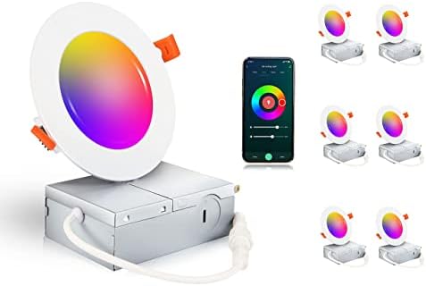 CLOUDY BAY [6 Pack] 4inch Smart WiFi LED Recessed Lights,RGBCW Color Changing Recessed Lighting,Compatible with Alexa and Google Home Assistant,No Hub Required,10W 2700K-6500K,CRI90+ Wet Location
