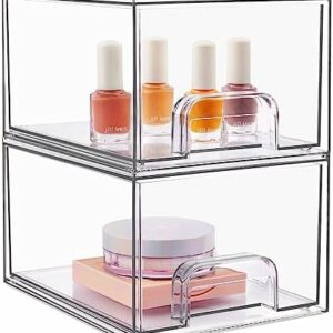 2 Pack Stackable Makeup Organizer Storage Drawers, Vtopmart 4.4'' Tall Acrylic Bathroom Organizers，Clear Plastic Storage Bins For Vanity, Undersink, Kitchen Cabinets, Pantry Organization and Storage