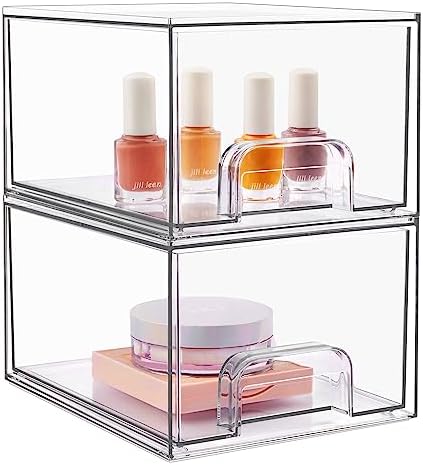 2 Pack Stackable Makeup Organizer Storage Drawers, Vtopmart 4.4'' Tall Acrylic Bathroom Organizers,Clear Plastic Storage Bins For Vanity, Undersink, Kitchen Cabinets, Pantry Organization and Storage