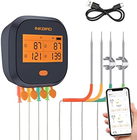 Inkbird WiFi Grill Thermometer IBBQ-4T, Wireless WiFi Meat Thermometer for Smoker, Oven, Rotisserie, Kitchen| 4 Probes with APP Calibration| Timer Alarm Mobile Notification| Digital BBQ Thermometer