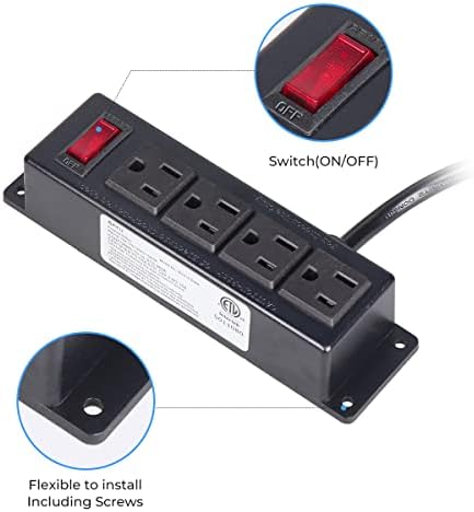 Mountable Power Strip with 4 Outlet, Wall Mount Under Desk Power Strip with 10ft Cord, Flat Plug Power Socket for Home, Office, Industrial, Black - Image 5