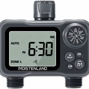 Moistenland Hose Timer, Irrigation Timer, Lawn & Garden Watering Equipment, with Rain Delay/Manual/Automatic Watering System, IP54 Waterproof, 3.1 Inches Large Screen(2 Outlets)