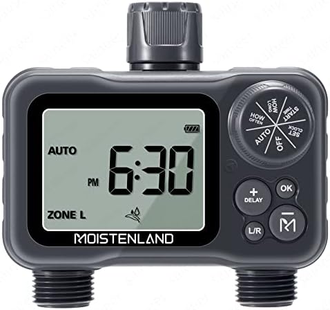 Moistenland Hose Timer, Irrigation Timer, Lawn & Garden Watering Equipment, with Rain Delay/Manual/Automatic Watering System, IP54 Waterproof, 3.1 Inches Large Screen(2 Outlets)