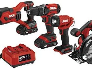 SKIL 20V 4-Tool Combo Kit: 20V Cordless Drill Driver Reciprocating Saw, Circular Saw and Spotlight, Includes Two 2.0Ah PWR CORE Lithium Batteries and One Charger - CB739701