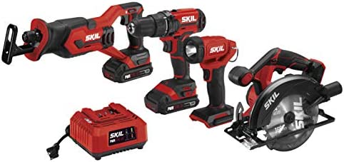 SKIL 20V 4-Tool Combo Kit: 20V Cordless Drill Driver Reciprocating Saw, Circular Saw and Spotlight, Includes Two 2.0Ah PWR CORE Lithium Batteries and One Charger - CB739701