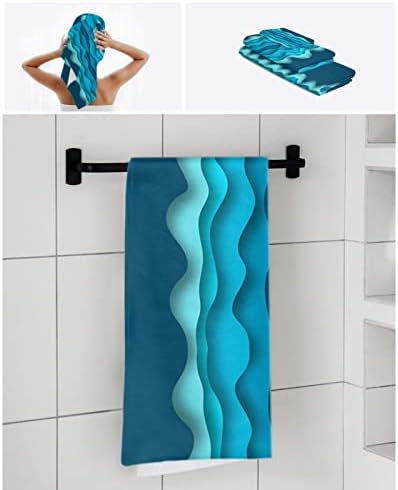 Geometry Blue Towel Sets for Bathroom,Microfiber Bath Kitchen Beach Hair Hand Yoga Dish Towels and Washcloths,Quick Dry Decorative Towels+Set Accessories Decor Modern Minimalist Abstract Water Stripes - Image 7