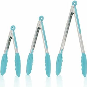 Silicone Kitchen Tongs for Cooking with Silicone Tips, Heat Resistant Tongs for Serving Food, 7-Inch, 9-Inch, 12-Inch Locking Silicone Tongs, Set of 3 Salad Tongs, Aqua Sky Kitchen Utensils
