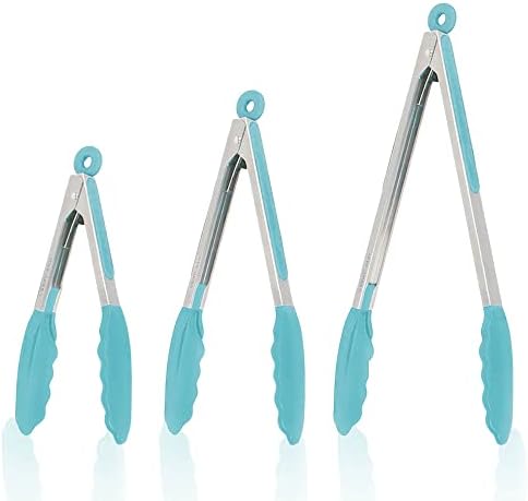 Silicone Kitchen Tongs for Cooking with Silicone Tips, Heat Resistant Tongs for Serving Food, 7-Inch, 9-Inch, 12-Inch Locking Silicone Tongs, Set of 3 Salad Tongs, Aqua Sky Kitchen Utensils