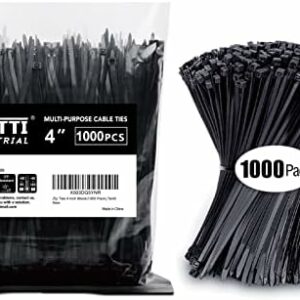 Zip Ties 4 inch, Small Zip Ties with 18 lb Tensile Strength, Black, 1000 Pack, by Tantti Supply