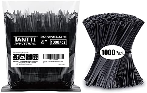 Zip Ties 4 inch, Small Zip Ties with 18 lb Tensile Strength, Black, 1000 Pack, by Tantti Supply