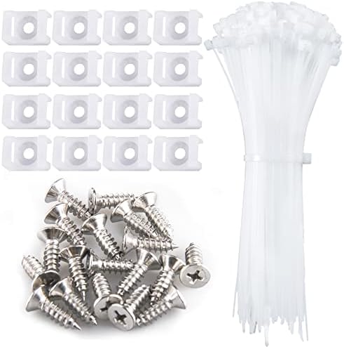 100 Pieces Cable Tie Mount Base Saddle Type Mount Wire Holder, 100 Pieces Cable Zip Ties with Self-Locking (203.2 x 3.3mm) and 100 Pieces Deep Thread Pan Head Screws (WHITE)