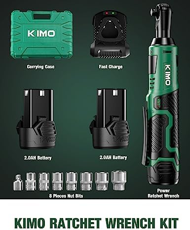 KIMO 3/8" Cordless Electric Ratchet Wrench Set, 40 Ft-lbs 400 RPM 12V Cordless Ratchet Kit w/ 60-Min Fast Charge, Variable Speed Trigger, 2-Pack 2.0Ah Lithium-Ion Batteries, 8 Sockets - Image 7