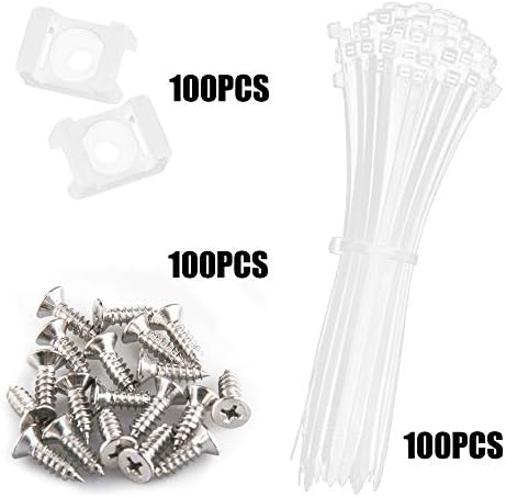 100 Pieces Cable Tie Mount Base Saddle Type Mount Wire Holder, 100 Pieces Cable Zip Ties with Self-Locking (203.2 x 3.3mm) and 100 Pieces Deep Thread Pan Head Screws (WHITE) - Image 2