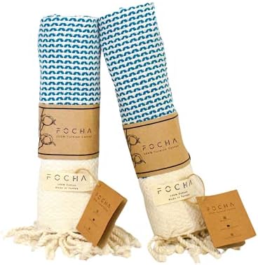 FOCHA Turkish Hand Towels Set of 2 | 100% Cotton, Quick-Dry, Soft Decorative Hand Towels for Bathroom, Kitchen, Bath, Hair, Face,Gym, Yoga, Dishcloth, Tea,Farmhouse | 18x38 Boho Towels (Turquoise)
