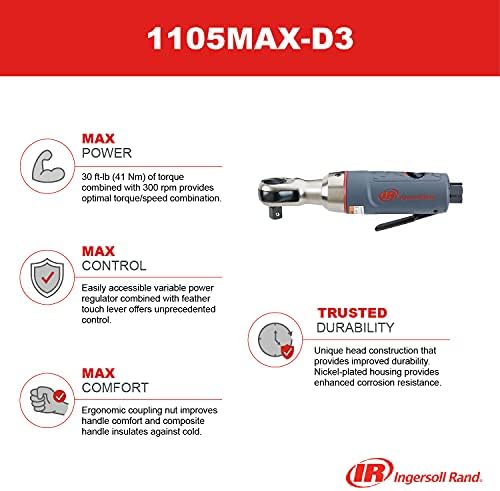 Ingersoll Rand 1105MAX-D3 3/8” Drive Air Ratchet Wrench, Premium Mini Power Tool w/Up to 30 ft lbs / 41 Nm Torque Output, 300 rpm, Gray - Image 4