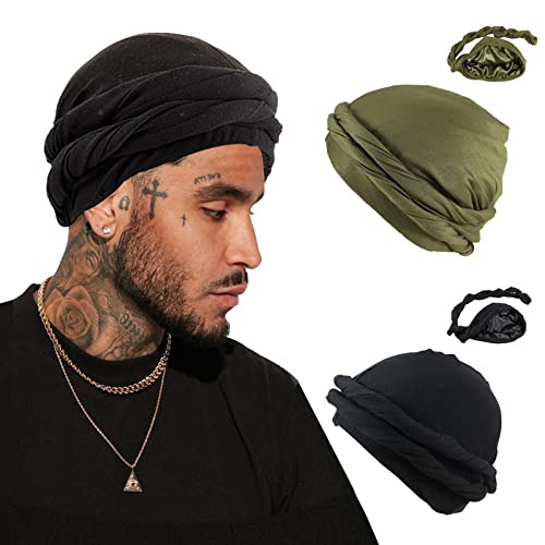 Yohou 2PCS Turban for Men Halo Turban Satin Lined Turban for Men Head Wraps for Men Women Men’s Turban for Sleeping Nature Hair