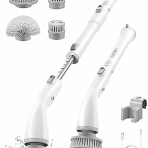 Hicozy Electric Spin Scrubber HS1, Cordless Shower Scrubber with 4 Replaceable Brush Heads Adjustable Extension Handle, Power Cleaning Brush for Bathroom, Floor, Tile, Kitchen White