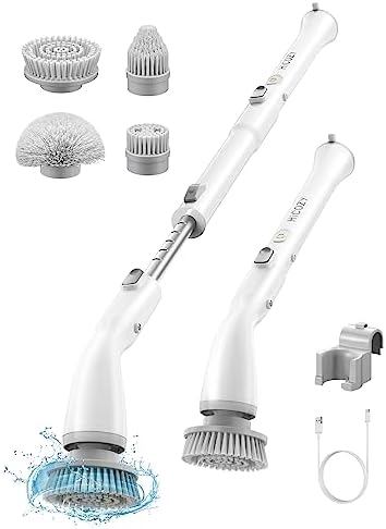 Hicozy Electric Spin Scrubber HS1, Cordless Shower Scrubber with 4 Replaceable Brush Heads Adjustable Extension Handle, Power Cleaning Brush for Bathroom, Floor, Tile, Kitchen White