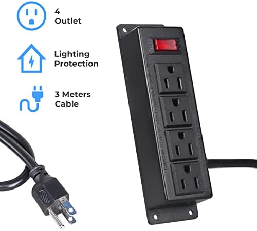 Mountable Power Strip with 4 Outlet, Wall Mount Under Desk Power Strip with 10ft Cord, Flat Plug Power Socket for Home, Office, Industrial, Black - Image 4
