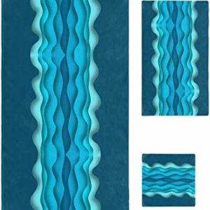 Geometry Blue Towel Sets for Bathroom,Microfiber Bath Kitchen Beach Hair Hand Yoga Dish Towels and Washcloths,Quick Dry Decorative Towels+Set Accessories Decor Modern Minimalist Abstract Water Stripes
