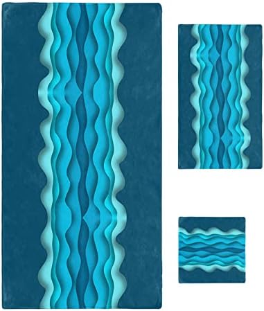 Geometry Blue Towel Sets for Bathroom,Microfiber Bath Kitchen Beach Hair Hand Yoga Dish Towels and Washcloths,Quick Dry Decorative Towels+Set Accessories Decor Modern Minimalist Abstract Water Stripes