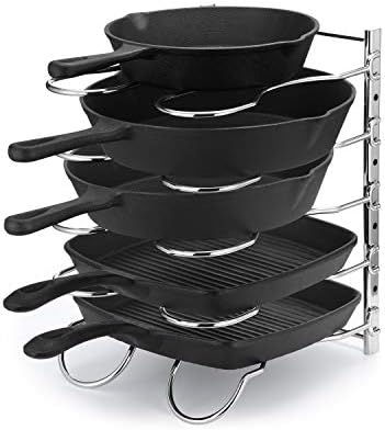 CAXXA Heavy Duty Pan Rack, Pot Lid Rack, Kitchen Cabinet Pantry Cookware Organizer Rack Holder | 5 Adjustable Dividers, Chrome